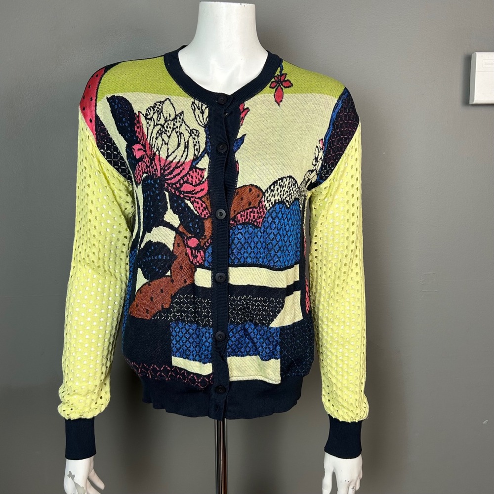 Aldo Martins Floral Mixed Media Mesh Sleeve Cardigan Navy Yellow Size 6 US 40 EU - Picture 2 of 8